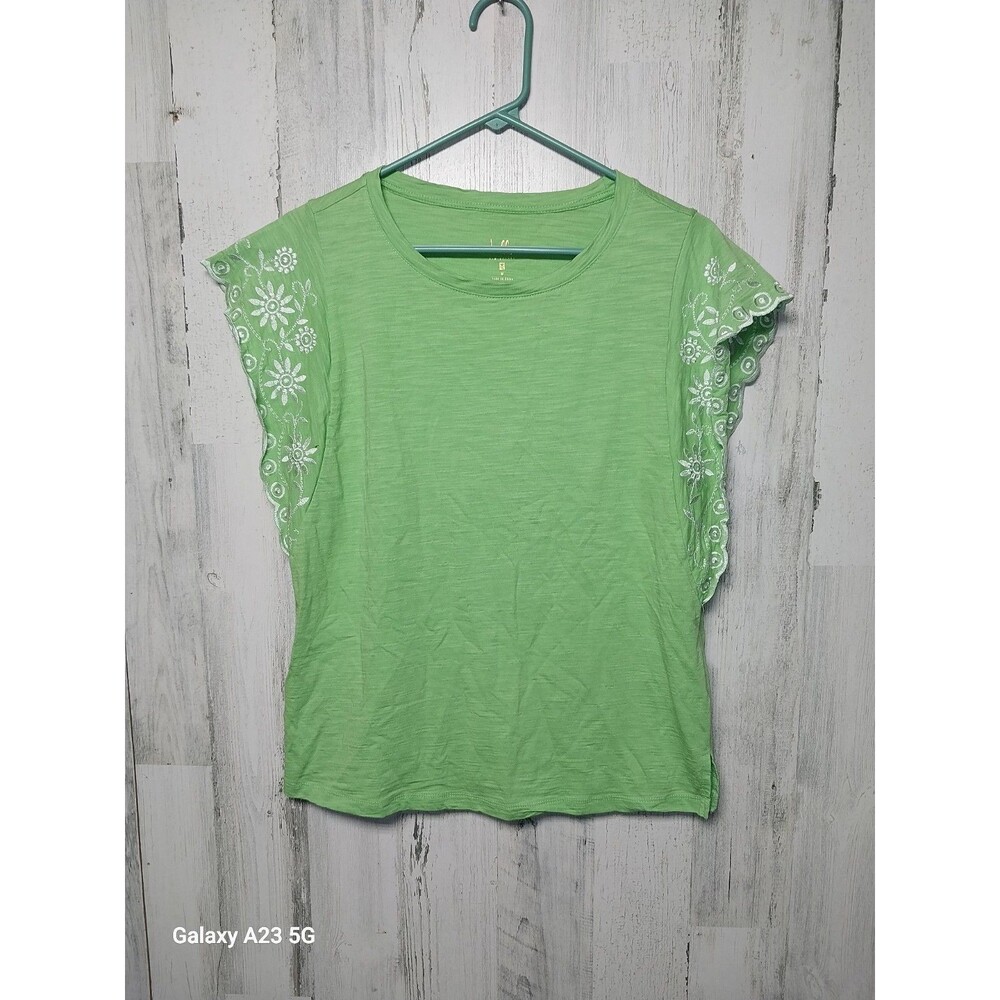 Belle Kim Gravel Lime Green Embroidered Sleeve Top Dize Medium